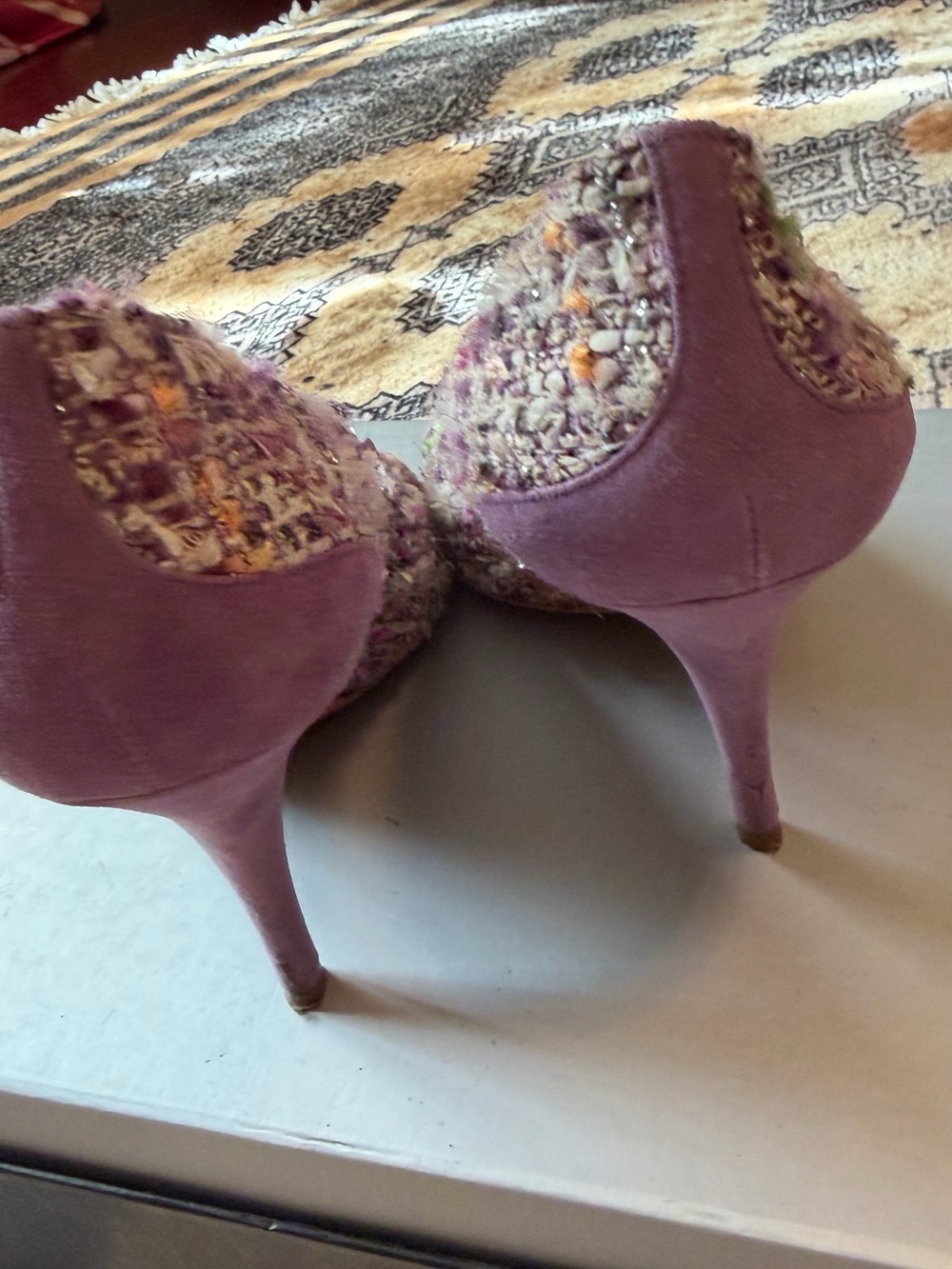 Moschino Purple Tweed Embellished Peep-Toe Heels - Picture 3 of 5